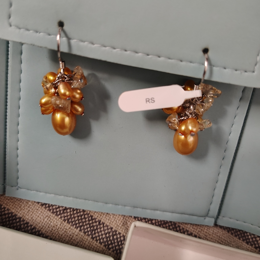 Ross Simons Golden Pearl Gemstone Cluster Sterling Silver Earrings Pierced NIB
